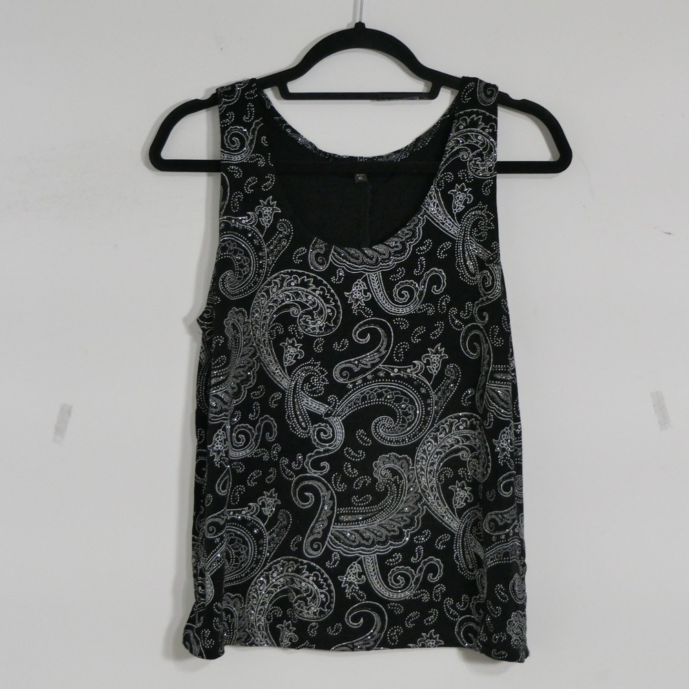 Blu‎ Sage Women Tank XL Black Silver Paisley Glitter Sleeveless Layering Sparkle
